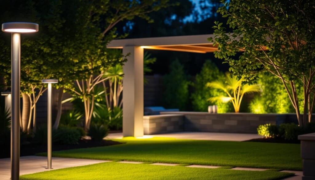 A modern, energy-efficient outdoor lighting system illuminating a serene backyard scene. In the foreground, sleek smart lighting fixtures cast a warm, ambient glow over a well-manicured lawn and patio. In the middle ground, a minimalist pergola or gazebo structure showcases discreet uplighting, highlighting its architectural details. The background features lush, verdant foliage and a tranquil water feature, all bathed in a harmonious, intelligent lighting scheme that enhances the overall ambiance. The entire scene exudes a sense of sophistication, sustainability, and technological integration, reflecting the latest trends in outdoor lighting design.