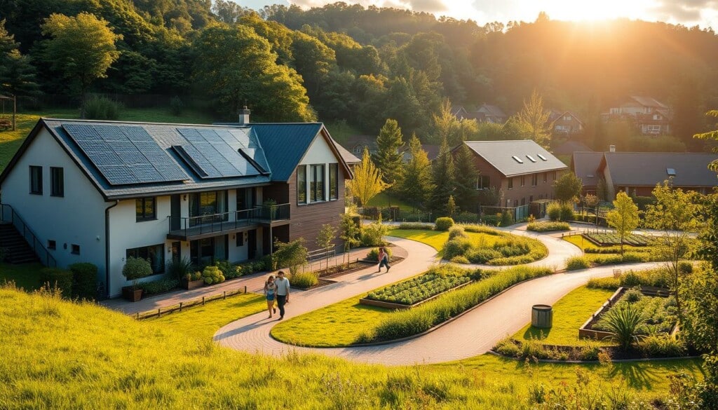 A modern, energy-efficient residential complex nestled amid lush greenery, with rooftop solar panels and a permeable pavement driveway. In the foreground, a family strolls along a winding path, enjoying the tranquil landscape. The middle ground features a communal garden with raised vegetable beds and a water harvesting system. In the background, sleek, sustainable architecture blends seamlessly with the natural environment, bathed in warm, golden sunlight filtered through wispy clouds. The overall scene conveys a harmonious, eco-conscious lifestyle, reflecting the principles of sustainable real estate development.