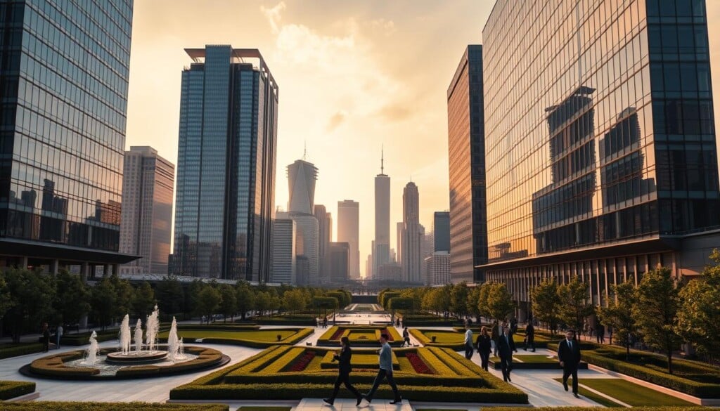 A modern executive office complex in a major metropolitan city skyline. The buildings are tall, sleek, and adorned with reflective glass panels that catch the warm glow of the setting sun. The foreground features a lush, well-manicured plaza with fountains and carefully arranged landscaping. In the middle ground, people in business attire stride purposefully through the space, creating a sense of bustling activity. The background is dominated by a dramatic cityscape of towering skyscrapers, their angular silhouettes contrasting against a vibrant, hazy sky. The lighting is soft and diffused, casting long shadows and creating an air of sophistication and professional prestige.