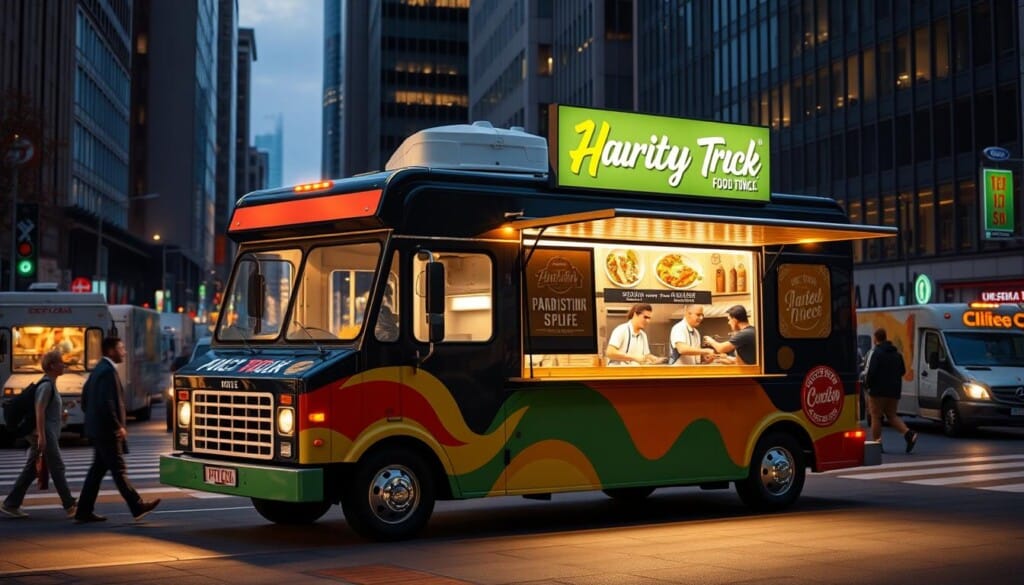 A modern food truck against a backdrop of a bustling city street, with a colorful, eye-catching exterior design featuring the company's logo and branding. The truck is parked in a prime location, surrounded by pedestrians, office workers, and other food trucks, creating a lively, vibrant atmosphere. The interior of the truck is visible through the serving window, showcasing a well-organized kitchen setup and energetic staff preparing fresh, mouthwatering dishes. Warm, diffused lighting illuminates the scene, creating a welcoming and inviting ambiance. The composition emphasizes the food truck's strategic position within the urban landscape, highlighting its role as a mobile, flexible, and dynamic business model.