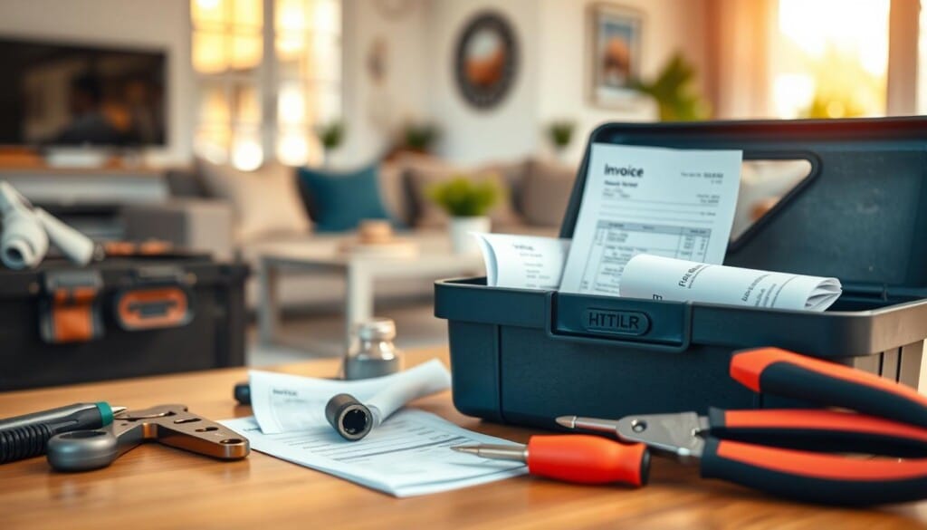 A modern home interior with a focused view on various home repair tools and supplies, such as a toolbox, pliers, screwdriver, and a stack of receipts or invoices, against a slightly blurred background showcasing a living room or kitchen setting. The lighting is warm and natural, creating a cozy and inviting atmosphere. The composition emphasizes the central elements, highlighting the costs associated with home repair services. The overall scene conveys a sense of organization, professionalism, and the importance of understanding the financial aspects of maintaining a home.