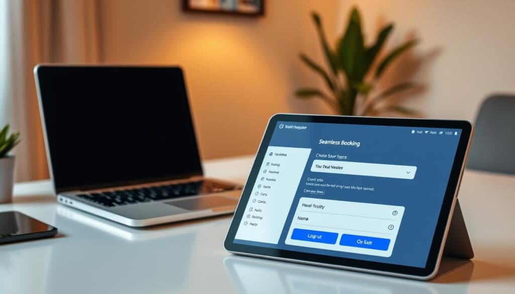 A modern home office setup with a sleek laptop, a minimalist desk, and a smart tablet displaying a seamless booking interface. The lighting is warm and diffused, creating a cozy and productive atmosphere. The background features clean lines, neutral tones, and subtle textures, complementing the foreground elements. The tablet's interface showcases a user-friendly booking process, with intuitive navigation and clear call-to-action buttons. The overall scene conveys a sense of efficiency, convenience, and a hassle-free experience for the user.