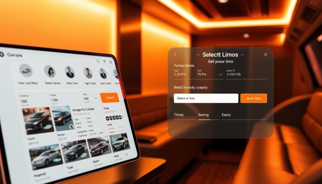 A modern, intuitive limo booking interface with a sleek, minimalist design. In the foreground, a user-friendly digital dashboard displays available vehicles, with high-quality images, detailed specs, and real-time pricing. The middle ground showcases a seamless booking flow, allowing customers to easily select their desired limo, date, and time. In the background, a warm, inviting atmosphere with subtle lighting and clean lines conveys a sense of sophistication and effortless luxury. The overall scene conveys the ease and convenience of booking a premium limo service with just a few taps on a responsive, mobile-friendly platform.