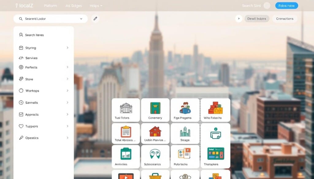 A modern, intuitive navigation interface of the LocalZ platform. In the foreground, a streamlined search bar and filters allow users to effortlessly browse and discover local educational stores. The middle ground features a clean grid layout showcasing various store categories, each with eye-catching icons. In the background, a muted cityscape backdrop sets the scene, hinting at the local community connections facilitated by the platform. Warm lighting and a minimalist color palette create a welcoming, user-friendly atmosphere, inviting exploration of the best educational resources in the area.