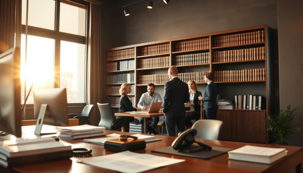 A modern law office interior, illuminated by warm, natural light streaming through large windows. In the foreground, a desk with a computer, documents, and a telephone, representing the legal process. In the middle ground, a team of attorneys and legal professionals discussing a case, with a sense of focus and determination. In the background, a bookshelf filled with legal volumes, conveying the expertise and resources available. The overall atmosphere is one of professionalism, diligence, and the pursuit of justice, reflecting the legal process following a trucking accident.