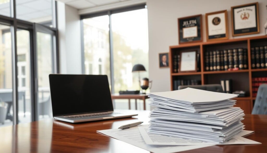 A modern law office interior with large windows and natural lighting. On the desk, a stack of legal documents and a laptop, symbolizing the legal guidance and support provided by an entertainment attorney. In the background, framed diplomas and awards representing their expertise in entertainment law. The overall atmosphere is professional and authoritative, conveying the benefits of hiring a knowledgeable entertainment attorney to navigate the complexities of the entertainment industry.