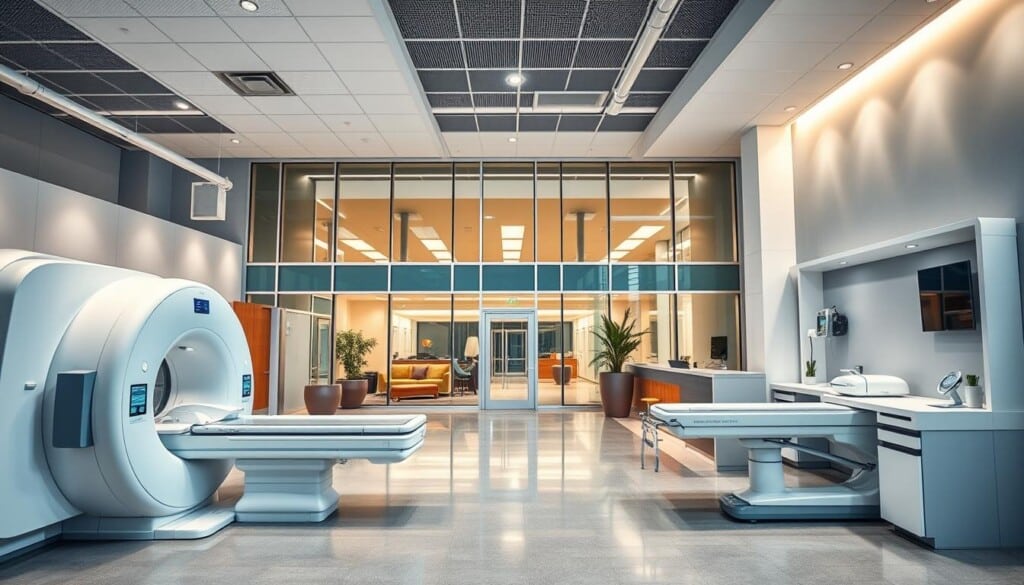 A modern medical facility with clean, well-lit diagnostic imaging services. In the foreground, state-of-the-art medical equipment like MRI and CT scanners stand ready to assist patients. The middle ground features a warm, welcoming reception area with comfortable seating and receptionist desks. In the background, the building's exterior presents a sleek, contemporary design with large windows allowing natural light to flood the space. The overall atmosphere conveys a sense of professionalism, efficiency, and patient-centric care. Lighting is soft and diffused, creating a calming, clinical ambiance. The camera angle is slightly elevated to provide a comprehensive view of the facility.