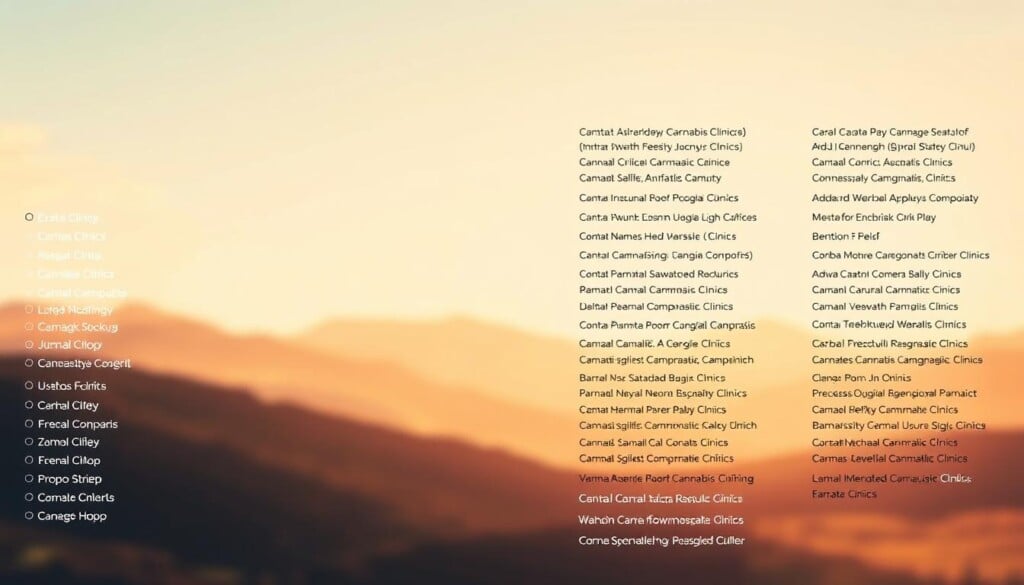 A modern, minimalist directory showcasing various cannabis clinics, with a warm, natural lighting setting the tone. The foreground features a clean, well-organized list of clinic names and locations, presented in a sleek, easy-to-navigate format. The middle ground includes subtle icons or logos to represent the different services offered, while the background depicts a soothing, abstract landscape with a soft, earthy color palette, evoking a sense of tranquility and wellness. The overall composition strikes a balance between professionalism and a welcoming, therapeutic atmosphere, catering to the needs of those seeking relief through responsible cannabis treatment.