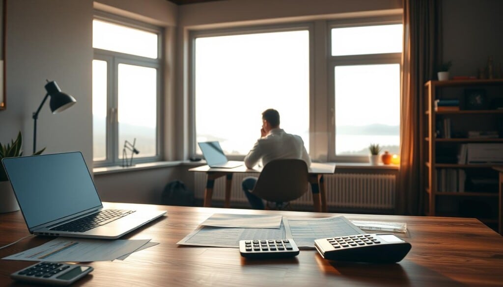 A modern, minimalist home office with a cozy, focused atmosphere. In the foreground, a wooden desk with a laptop, financial documents, and a calculator, representing the key elements of the loan process. In the middle ground, a person sitting at the desk, deep in thought, navigating the complexities of securing a loan. The background features a large window overlooking a calm, scenic landscape, creating a sense of tranquility and balance. Warm, natural lighting filters through the window, casting a soft glow on the scene. The overall composition conveys the seriousness and importance of the loan process, while also suggesting a sense of clarity and control.
