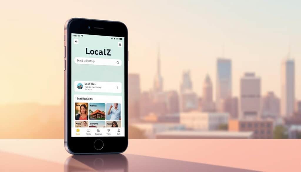 A modern, minimalist illustration of LocalZ, a local business directory. In the foreground, a smartphone screen shows the LocalZ app interface, with a clean, intuitive layout and a prominent search bar. In the middle ground, a city skyline with diverse businesses is visible, reflecting the app's connectivity. The background features a warm, soft-focus effect, conveying a sense of community and local engagement. The lighting is natural, with a slightly diffused quality, creating a welcoming and approachable atmosphere. The overall composition emphasizes the app's role in bridging the gap between local businesses and their customers, with a focus on convenience and user-friendly experience.