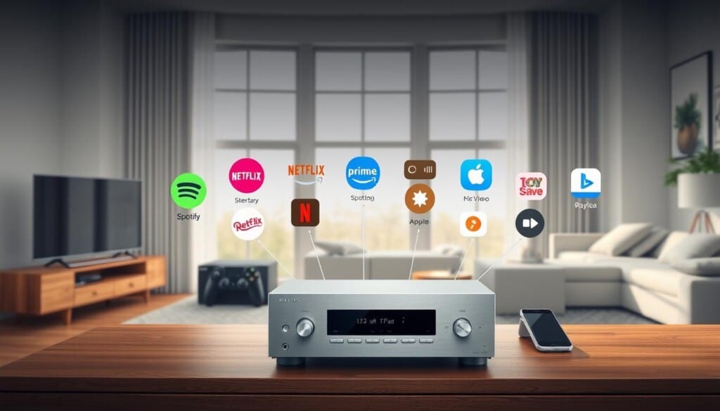 A modern, minimalist illustration showcasing the compatibility between various streaming services and high-quality stereo equipment. In the foreground, a sleek, silver audio receiver sits atop a wooden media console, surrounded by a variety of streaming devices like a smart TV, gaming console, and smartphone. The middle ground features colorful, abstract icons representing popular streaming platforms like Spotify, Netflix, Amazon Prime Video, and Apple Music, seamlessly integrated with the stereo setup. The background depicts a softly lit, contemporary living room setting, with large windows allowing natural light to filter in, creating a warm, inviting atmosphere. The overall composition conveys the ease and versatility of integrating cutting-edge streaming technology with premium audio gear for an immersive, high-fidelity entertainment experience.