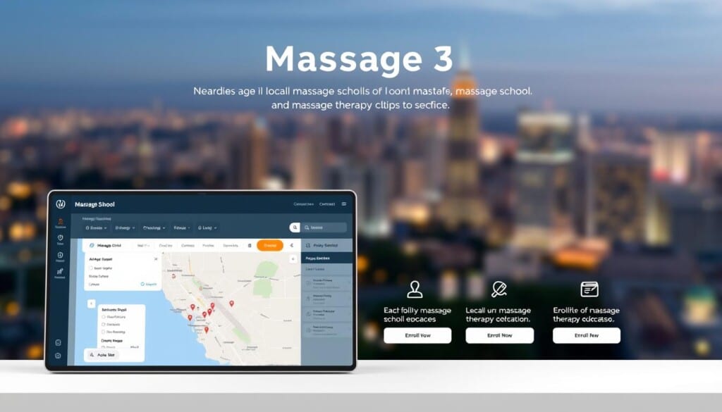 A modern, minimalist navigation interface for a local massage school, showcasing the "LocalZ" platform. In the foreground, a clean, intuitive dashboard displays a map highlighting nearby massage schools, filters, and contact information. The middle ground features sleek icons and call-to-action buttons, guiding the user through the selection and enrollment process. The background portrays a serene, out-of-focus cityscape, with soft lighting and a calming color palette, evoking the relaxing atmosphere of a massage therapy education. The overall composition is balanced, with ample negative space to create a sense of simplicity and ease of use.