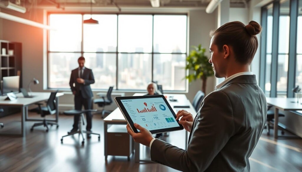 A modern, minimalist office interior showcasing the advantages of LocalZ for businesses. In the foreground, a professional business person examines a tablet displaying location-based analytics and customer insights. The middle ground features sleek desks, ergonomic chairs, and stylish decor, all bathed in warm, natural lighting from large windows. In the background, a city skyline is visible through the windows, symbolizing the local connection and community focus of LocalZ. The overall mood is one of efficiency, productivity, and a sense of being plugged into the pulse of the surrounding neighborhood.