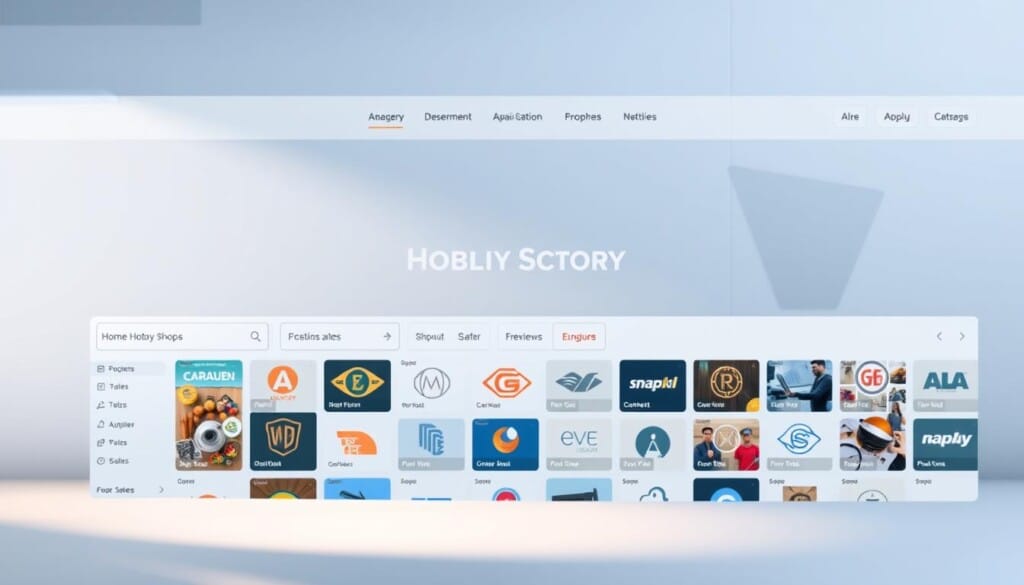 A modern, minimalist online directory for hobby shops, with a clean, intuitive interface. The foreground features a large, sleek search bar and prominent category icons. The middle ground showcases a grid of shop thumbnails, each with a distinctive logo and background. In the background, a subtle pattern of geometric shapes adds depth and visual interest. Muted tones of blues, grays, and whites create a calm, professional atmosphere, while strategic use of shadows and highlights emphasizes the directory's crisp, user-friendly design. Soft, indirect lighting illuminates the scene, rendering it in a warm, inviting glow.