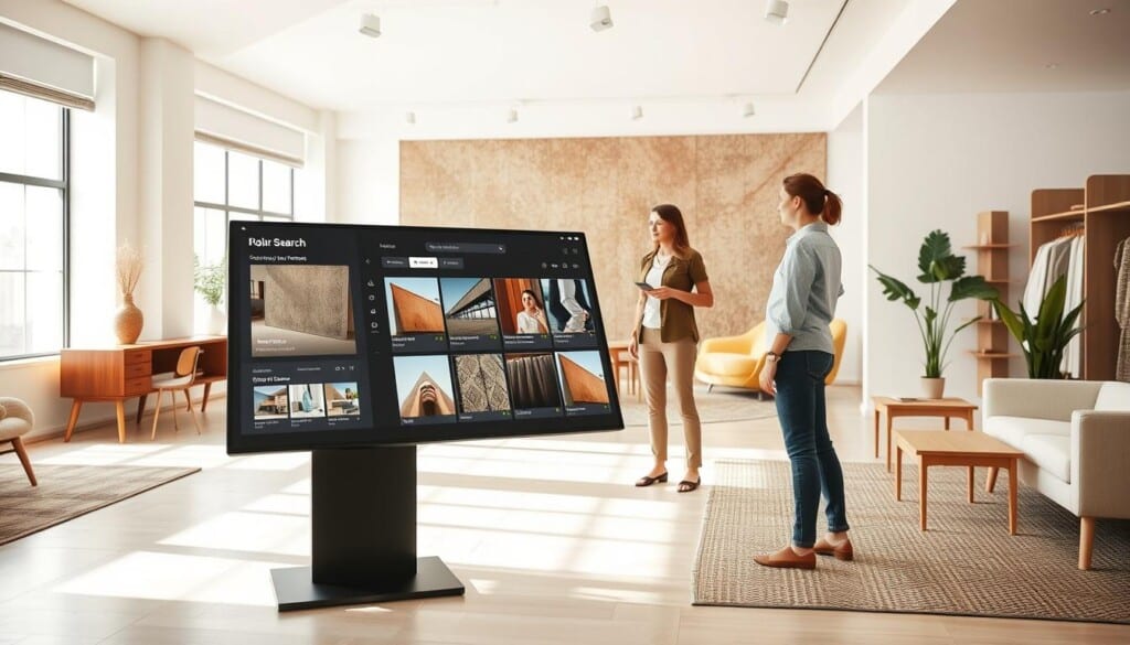 A modern, minimalist rug store with a sleek, interactive interface, where customers can seamlessly browse and discover their perfect rug. The foreground features a large touchscreen display showcasing an immersive rug search experience, with intuitive filters and swipeable product images. In the middle ground, a knowledgeable sales associate assists a customer, guiding them through the selection process. The background depicts a bright, airy space with natural lighting, complemented by warm, earthy tones and clean, modern furnishings that create a welcoming atmosphere. The overall scene conveys a sense of innovation, personalization, and a customer-centric approach to the rug shopping experience.