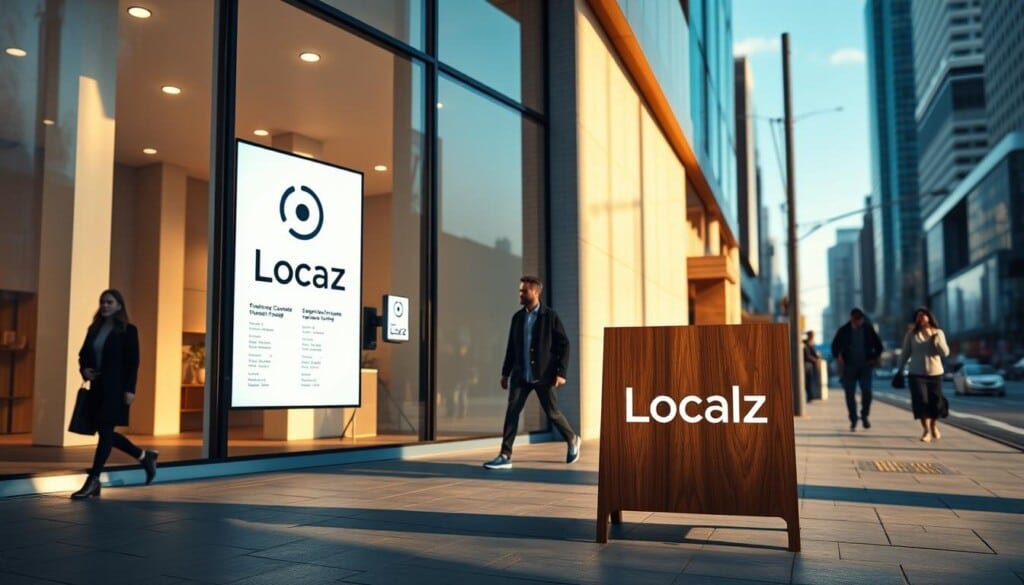 A modern, minimalist storefront facade with large windows showcasing a sleek digital display showcasing the LocalZ logo and sign listings. The lighting is soft and warm, creating a welcoming atmosphere. In the foreground, an elegant wooden sign with the LocalZ branding stands prominently, casting a subtle shadow on the pavement. The middle ground features passersby strolling along the sidewalk, their silhouettes adding a sense of liveliness to the scene. The background depicts a vibrant urban landscape, with skyscrapers and other buildings framing the composition. The overall mood is one of professionalism, innovation, and community engagement.