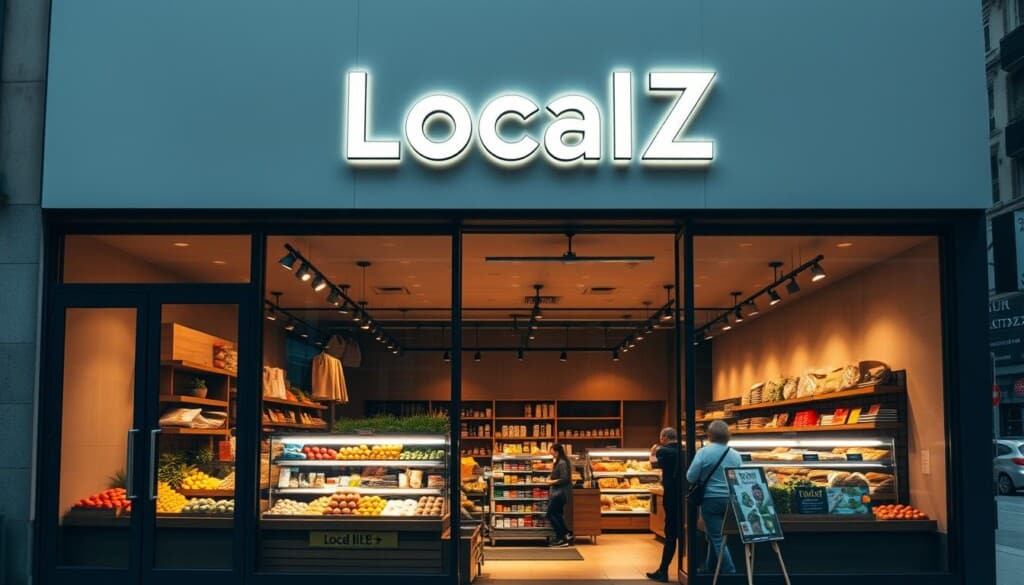 A modern, minimalist storefront for a health food market called LocalZ, with large windows showcasing an array of fresh produce, baked goods, and organic products. The storefront has a clean, contemporary design with a sleek glass entrance and a prominent sign in a sans-serif font. Warm, diffused lighting illuminates the interior, creating a welcoming ambiance. In the foreground, a few customers can be seen browsing the selection, while the middle ground features neatly organized shelves and displays. The background depicts a bustling urban street, suggesting the store's convenient location within a lively neighborhood.