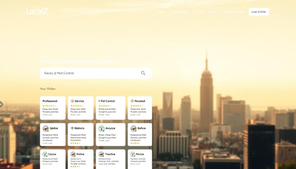A modern, minimalist web interface showcasing the LocalZ online directory for local pest control services. In the foreground, a clean, intuitive search bar and filters allow users to easily find and compare nearby providers. The middle ground features a grid of professional pest control company profiles, each with a logo, service details, and customer reviews highlighted under a soft, neutral color palette. In the background, a simple city skyline scene conveys a sense of community and accessibility, illuminated by warm, natural lighting that creates a calming, trustworthy atmosphere. The overall design emphasizes efficiency, transparency, and a commitment to connecting homeowners with reliable, local pest control experts.