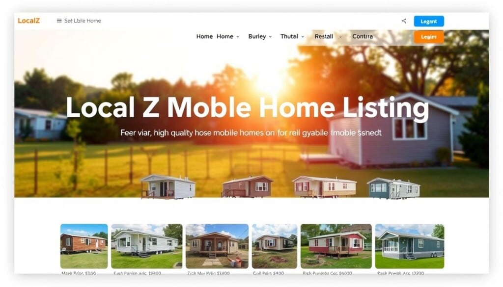 A modern, minimalist website interface for LocalZ Mobile Home Listings, showcasing a collection of high-quality mobile homes available for sale or rent. The layout features a clean, responsive design with large, vivid imagery of the mobile homes in natural settings. The foreground presents a grid of thumbnails highlighting the diverse range of mobile home models, each with a brief description and price details. The middle ground depicts a serene, sun-dappled outdoor scene, with lush greenery and a sense of peaceful tranquility. The background subtly suggests a suburban or rural neighborhood, conveying the idea of a comfortable, community-oriented living experience. The overall aesthetic is bright, inviting, and emphasizes the affordability and flexibility of mobile home living.