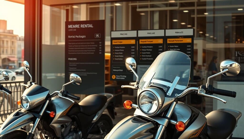 A modern motorcycle rental storefront with sleek, chrome-accented rental bikes prominently displayed in the foreground. The mid-ground features an interactive pricing display showcasing various rental packages and rates, with clear, well-organized information. The background depicts a vibrant urban cityscape, hinting at the excitement of exploring the city on two wheels. Warm, natural lighting bathes the scene, creating a welcoming and inviting atmosphere. The overall composition conveys a sense of professionalism, attention to detail, and a focus on providing customers with a seamless, memorable motorcycle rental experience.