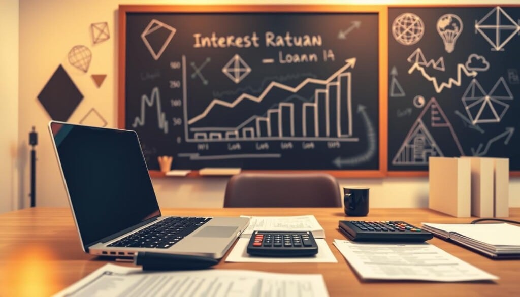 A modern office desk with a laptop, calculator, and paperwork, illuminated by warm, directional lighting. In the background, a chalkboard displays a graph charting interest rates and loan terms. Geometric shapes and patterns on the wall suggest financial charts and analytics. The overall mood is one of focused productivity and data-driven decision-making, reflecting the importance of understanding lending conditions for real estate investments.