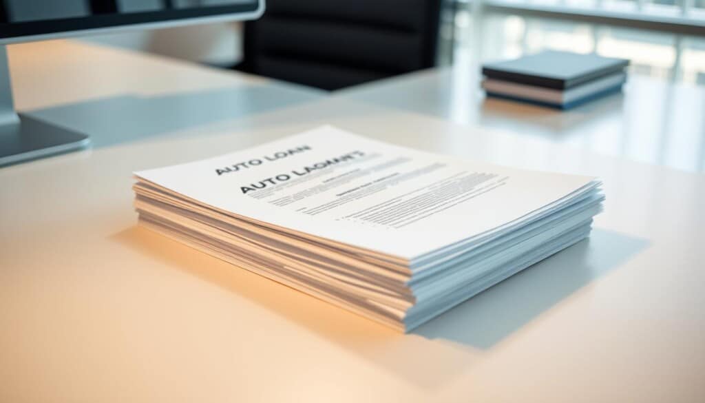 A modern office desk with a sleek, minimalist design, showcasing a stack of official-looking documents representing auto loan requirements. The documents have subtle textures and a professional appearance, casting soft shadows on the desk's surface, which is illuminated by a warm, indirect light source. The overall scene conveys a sense of efficiency, organization, and the streamlined process of securing an auto loan, aligning with the "Quick Approval Process" theme.