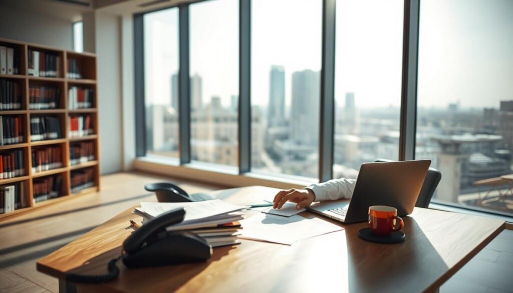 A modern office interior, sunlight streaming through large windows, illuminating a wooden desk where a person sits, searching intently on a laptop. On the desk, a stack of legal documents, a telephone, and a mug of coffee. In the middle ground, bookcases line the walls, filled with volumes of legal references. In the background, a blurred cityscape outside the windows, conveying a sense of connection to the local community. The overall mood is one of focused professionalism, with a touch of warmth and approachability, reflecting the mission of providing accessible legal aid.