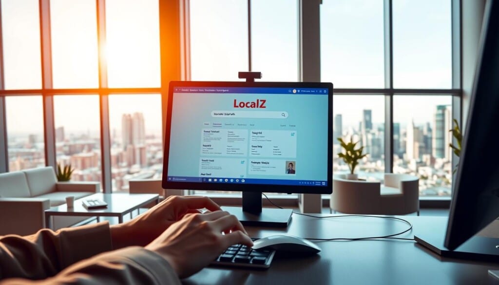 A modern office interior with a large computer screen displaying a search engine interface for "LocalZ insurance searches". Warm, natural lighting filters through large windows, casting a calming ambiance. In the foreground, a user's hands operate a sleek, minimalist keyboard and mouse, seamlessly navigating the search results. The middle ground features sleek, contemporary office furniture and decor, creating a professional yet inviting atmosphere. The background showcases a vibrant cityscape visible through the windows, representing the diverse insurance options available through LocalZ's local search capabilities.