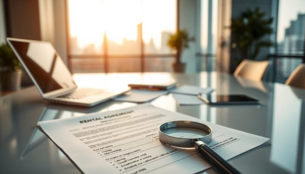 A modern office interior with a large desk, a laptop, and documents spread out. The desk has a rental car agreement, insurance pamphlets, and a magnifying glass, highlighting the various coverage options available. Soft, warm lighting illuminates the scene, creating a professional yet inviting atmosphere. The background features a blurred city skyline through a window, suggesting a corporate setting. The overall composition conveys the importance of understanding rental car insurance options before finalizing a booking.