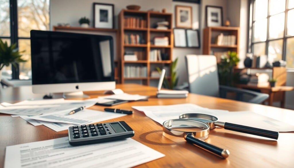 A modern office interior with a large wooden desk, a computer monitor, and various financial documents scattered across the surface. Sunlight streams in through large windows, casting a warm glow over the scene. In the foreground, a calculator, a pen, and a magnifying glass are positioned neatly, hinting at the careful analysis of closing costs. The background features shelves filled with books and framed certificates, conveying a sense of expertise and professionalism. The overall atmosphere is one of focus, organization, and attention to detail, reflecting the importance of understanding closing costs in real estate investments.