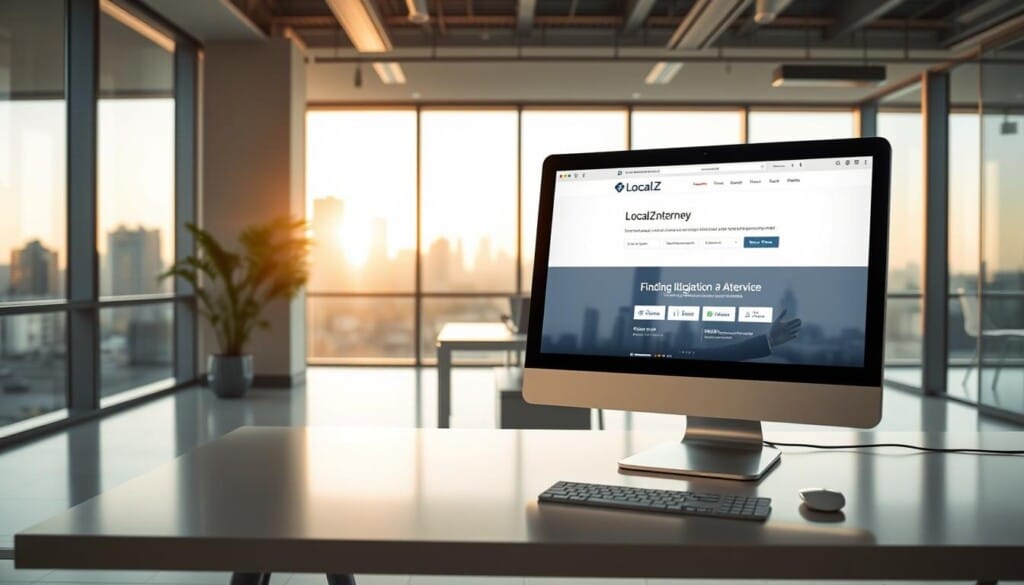 A modern office interior with large windows, minimal furniture, and clean lines. In the foreground, a sleek desktop computer with a minimalist design. On the screen, a web application interface showcasing the LocalZ service for finding litigation attorneys. In the middle ground, a person sitting at the desk, gesturing towards the screen. The background features a city skyline visible through the windows, with a warm, golden hour lighting casting a soft glow throughout the space. The overall atmosphere conveys a sense of professionalism, efficiency, and technological innovation.