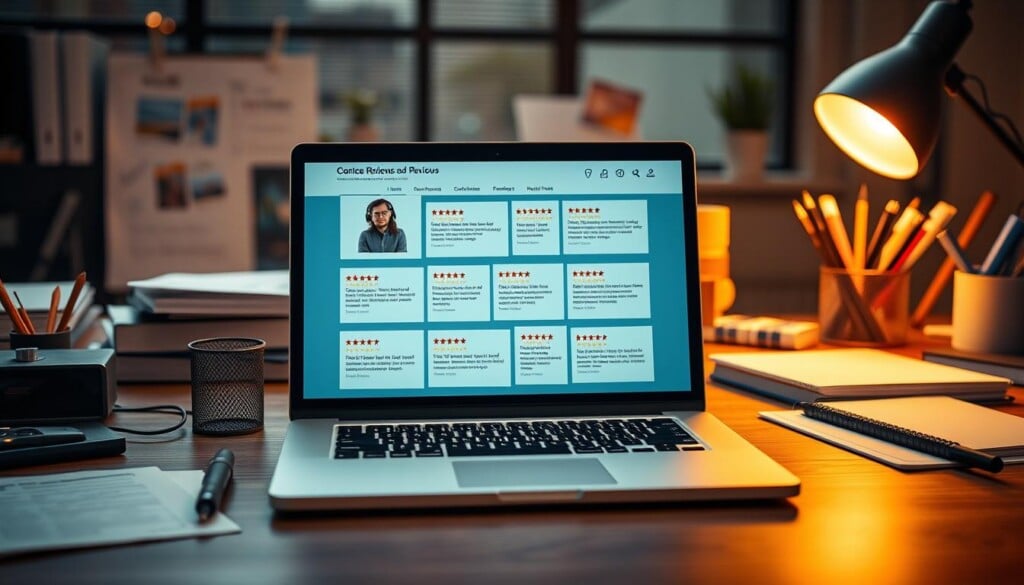 A modern office setting with a desk, laptop, and various office supplies. On the laptop screen, a grid of customer reviews for a hardware product, each review displayed as a digital card with a star rating and brief text feedback. The reviews enhance the product's visibility, drawing the viewer's attention to the laptop. The lighting is warm and inviting, creating a professional and productive atmosphere. The composition emphasizes the importance of customer reviews in the hardware retail industry.