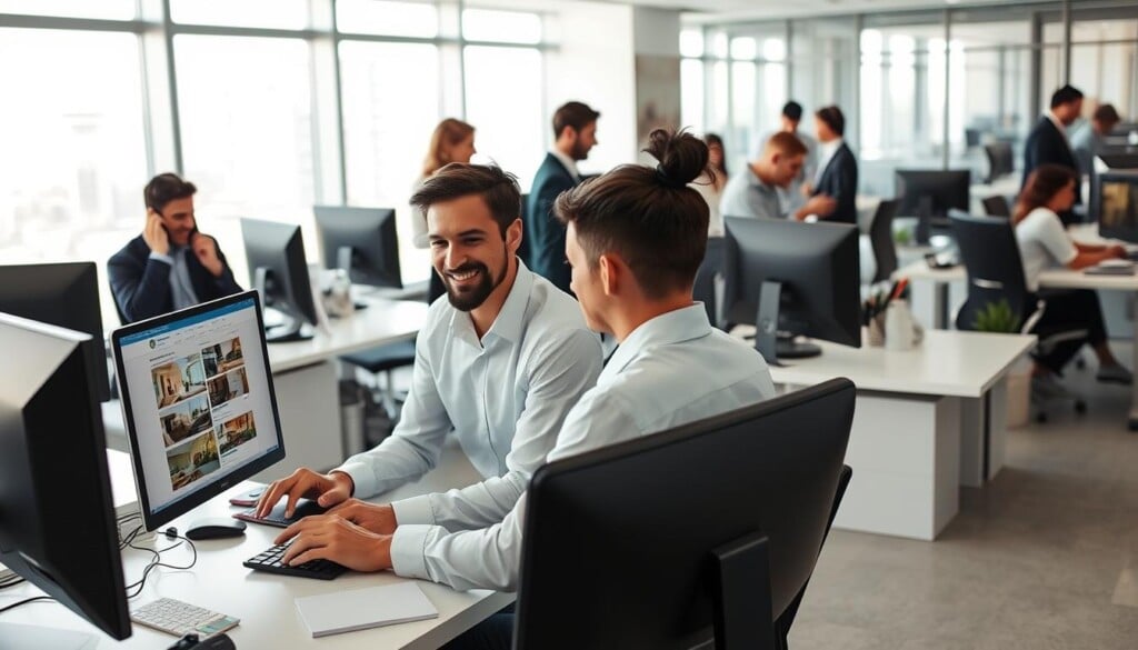 A modern office space filled with professional vacation rental agents collaborating at their desks. In the foreground, two agents are engaged in a friendly discussion, their expressions animated as they review property listings on their computer screens. In the middle ground, a group of agents are on the phone, their body language conveying a sense of urgency and attentiveness. The background features a minimalist, well-lit workspace with sleek, modern furniture and large windows overlooking a bustling cityscape. The overall mood is one of efficiency, expertise, and a customer-centric approach to vacation rental booking.