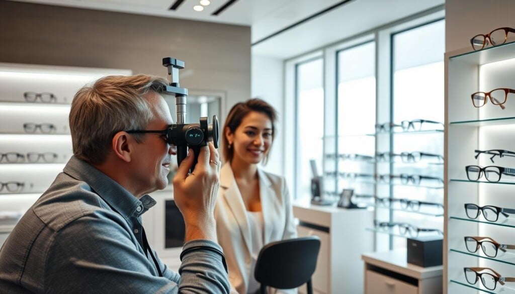 A modern optometry clinic with sleek, minimalist design. In the foreground, a patient receives an eye exam from a friendly, attentive optometrist using advanced digital equipment. The middle ground showcases an array of stylish, innovative eyewear displayed on clean, well-lit shelves. In the background, large windows let in natural light, creating a bright, airy atmosphere. The overall scene conveys a sense of cutting-edge medical technology seamlessly combined with contemporary aesthetics, reflecting the clinic's commitment to providing exceptional, forward-thinking eye care.