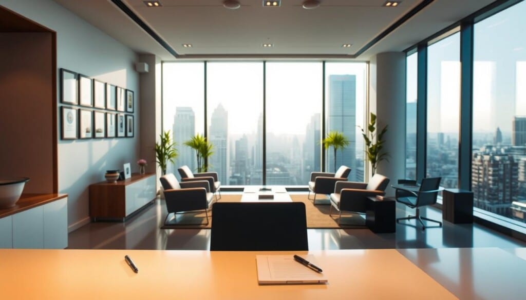 A modern, professional-looking office interior with a bright, airy atmosphere. In the foreground, a sleek reception desk with a laptop, pen, and notepad, suggesting booking services. Behind the desk, a large window overlooking a bustling city skyline, bathed in warm, natural lighting. On the walls, framed certificates and awards, conveying a sense of expertise and credibility. In the middle ground, comfortable seating areas for clients, with ergonomic chairs and minimalist decor. The overall mood is one of efficiency, attention to detail, and a commitment to providing high-quality building inspection services.
