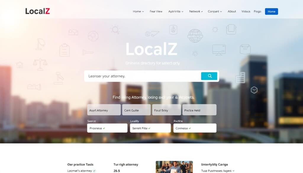 A modern, professional online business directory website for attorneys, featuring a sleek and intuitive interface. The homepage showcases the LocalZ logo against a backdrop of stylized legal icons and geometric shapes, conveying a sense of authority and reliability. In the middle ground, a clean search bar and filters allow users to effortlessly find the right attorney based on their location, practice area, and other key criteria. The background features a soft, blurred cityscape, hinting at the broad network of legal professionals available through the platform. Warm, directional lighting illuminates the scene, creating a welcoming and trustworthy atmosphere.