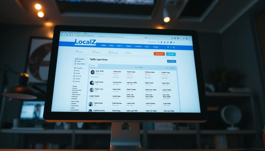 A modern, sleek directory website titled "LocalZ" displayed on a high-resolution computer screen. The directory features a searchable list of local traffic law firms, each with their own profile including contact information, specialties, and client reviews. The layout is clean and visually appealing, with a simple color scheme of blues and grays. Subtle lighting from the screen casts a warm glow, creating a professional and trustworthy atmosphere. The scene is captured from a frontal angle, allowing the directory to be the main focus, with the computer monitor taking up most of the frame. The background is slightly blurred, keeping the attention on the directory itself.