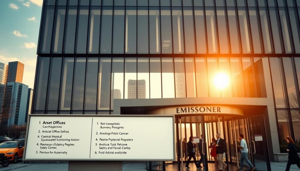 A modern, sleek embassy building set against a backdrop of a bustling city skyline. The structure has a minimalist, glass-and-steel facade, with clean lines and a dignified, authoritative presence. In the foreground, a directory sign points visitors towards the various offices and services available inside. The atmosphere is one of efficiency and professionalism, with people hurrying in and out of the embassy's revolving doors. Warm, golden sunlight filters through the windows, casting a welcoming glow. The overall scene conveys a sense of purpose and accessibility, capturing the essence of an embassy serving the needs of the public.