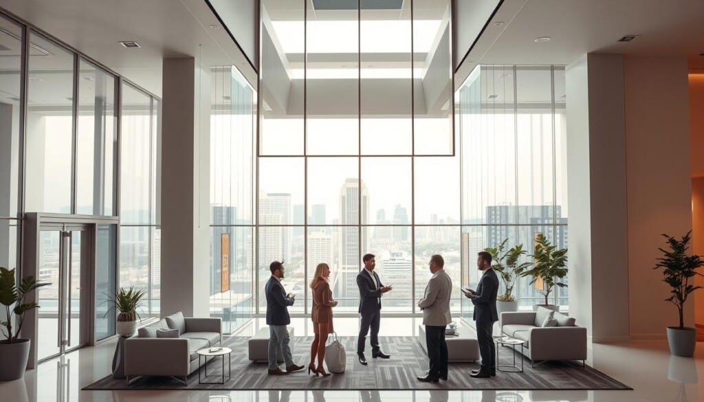 A modern, sleek office building with a clean, minimalist facade. The front entrance is highlighted by a well-lit glass atrium, conveying a sense of professionalism and transparency. Inside, the spacious lobby features contemporary furnishings and minimalist decor, creating an inviting and efficient atmosphere. In the middle ground, a group of well-dressed real estate agents are engaged in a meeting, discussing property details and client needs. The background showcases a cityscape through large windows, suggesting the company's urban location and access to a diverse real estate market. Warm, natural lighting filters through the space, creating a pleasant, welcoming ambiance.