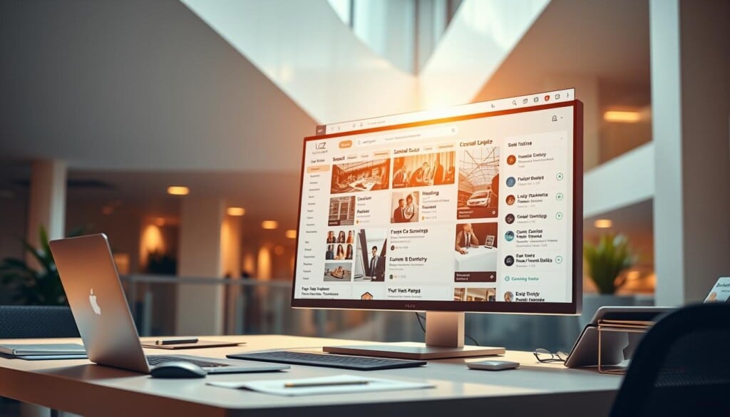 A modern, sleek office workspace with a prominent LocalZ directory app displayed on a large, high-resolution screen. The directory showcases various local business listings, categorized and searchable. The scene is bathed in warm, directional lighting, creating a professional and inviting atmosphere. The desk is neatly organized, with a laptop, mouse, and other office accessories. The background features clean, geometric architectural elements, suggesting a well-designed, contemporary building interior. The overall impression conveys the utility and importance of LocalZ in finding and accessing local professional services.