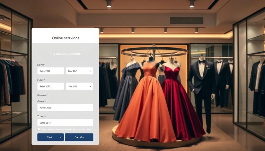 A modern, sleek online booking interface for formal wear reservations. In the foreground, a user-friendly form with fields for selecting the event date, desired garment, and size. The middle ground showcases a carousel of elegant evening gowns and tuxedos in rich, jewel-toned fabrics. The background depicts a stylized store interior with minimalist displays, warm lighting, and a hint of luxury. The overall atmosphere is one of effortless sophistication, conveying the ease and convenience of booking formal attire for any special occasion.