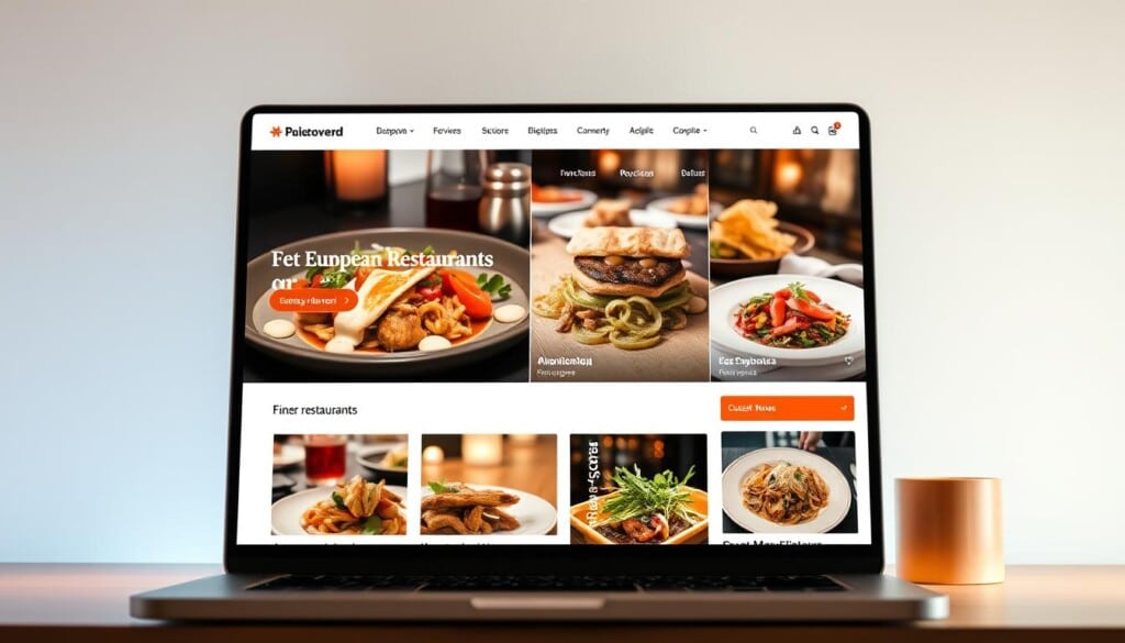 A modern, sleek online directory for European restaurants, showcasing a curated selection of the finest local eateries. Soft, ambient lighting illuminates the clean, minimalist interface, with high-resolution images of mouthwatering dishes and elegant interiors creating a visually captivating experience. The directory's intuitive navigation and detailed listings, including reviews and menus, allow users to easily discover the hidden gems of the local culinary scene. A sense of sophistication and refinement permeates the scene, reflecting the high-quality, innovative cuisine that defines the modern European food movement.