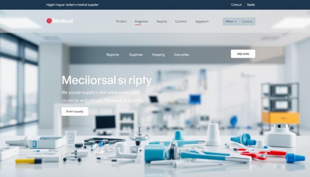 A modern, sleek online medical supply store with a clean, minimalist design. The homepage features a large hero image showcasing a variety of medical equipment and supplies, bathed in soft, natural lighting. In the foreground, high-quality product shots are neatly arranged, conveying a sense of professionalism and attention to detail. The middle ground depicts a smooth, user-friendly interface with intuitive navigation and prominent calls-to-action. In the background, a blurred cityscape or office environment provides a subtle context, establishing the store's position as a reliable, trustworthy supplier. The overall mood is one of efficiency, precision, and a commitment to serving the medical community's needs.