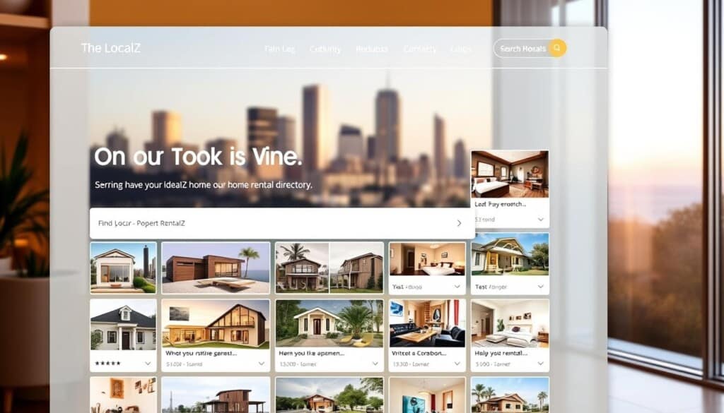 A modern, sleek web interface showcasing the LocalZ home rental directory. In the foreground, a clean, minimalist search bar invites users to find their ideal rental property. Surrounding it, a grid of thumbnails depicting a variety of homes - cozy cottages, chic apartments, and spacious family dwellings. The middle ground features larger, detailed property listings, each with high-quality imagery, enticing descriptions, and key details. In the background, a subtle city skyline or serene natural landscape sets the tone, suggesting the diverse locations available through the LocalZ platform. Warm, soft lighting illuminates the scene, creating an inviting and trustworthy atmosphere for discovering reliable home rental options.