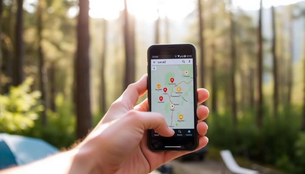 A modern smartphone displaying the LocalZ app interface, showcasing a map of nearby campgrounds. The screen is illuminated by natural light, casting a warm, inviting glow. In the foreground, a hand holding the device, indicating the personal, user-centric experience. The middle ground features the app's intuitive layout, with icons and markers highlighting camping locations. The background subtly depicts a scenic woodland landscape, hinting at the outdoor adventure that awaits. The overall composition conveys the ease of finding the perfect campsite using the LocalZ app, seamlessly blending technology and nature.