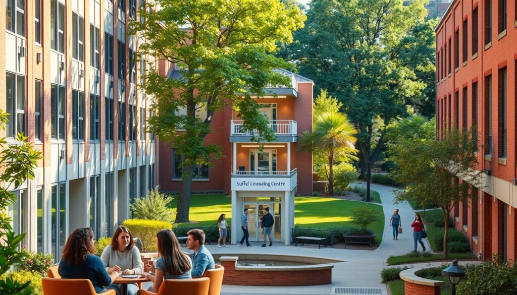 A modern university campus, its buildings bathed in warm, natural sunlight. In the foreground, students gather in a cozy study lounge, engaged in thoughtful discussions and providing peer support. The middle ground features a well-staffed counseling center, its welcoming atmosphere conveyed through soft lighting and discreet signage. In the background, lush greenery and tranquil walkways invite moments of reflection and self-care. The overall scene radiates a sense of community, mental wellness, and the integral role educational institutions play in nurturing the holistic development of their students.