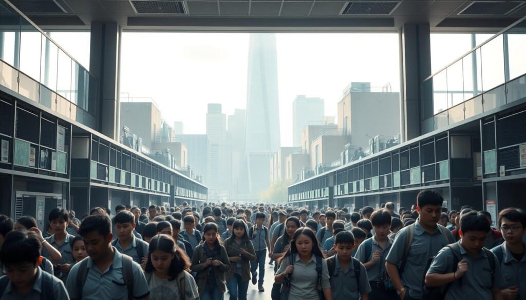 A modern urban school campus, with a diverse student body and faculty. In the foreground, students navigate a maze of crowded hallways, burdened by overloaded backpacks and stressed expressions. In the middle ground, administrators grapple with budget constraints, outdated facilities, and competing demands. In the background, a towering skyscraper casts a long shadow, symbolizing the looming challenges of funding, innovation, and equity that specialty schools must overcome. Soft, diffused lighting filters through large windows, creating a sense of both hope and unease. The overall atmosphere conveys the complexities and pressures faced by specialty schools in an ever-changing educational landscape.
