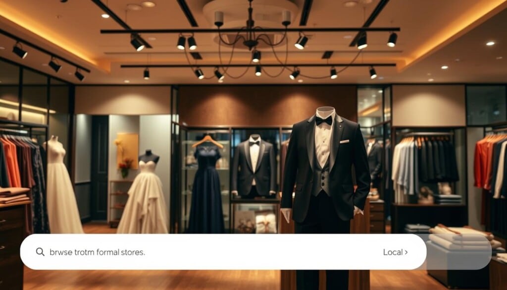 A modern, user-friendly retail interface showcasing an elegant selection of formal wear options. In the foreground, a clean and intuitive search bar allows customers to easily browse local stores. The middle ground features product images of high-quality evening gowns, tuxedos, and accessories, presented in a visually appealing layout. The background depicts a warm, inviting atmosphere with subtle lighting and tasteful decor, creating a premium shopping experience. The overall scene conveys a sense of effortless sophistication, reflecting the refined aesthetic of the local formal wear offerings.
