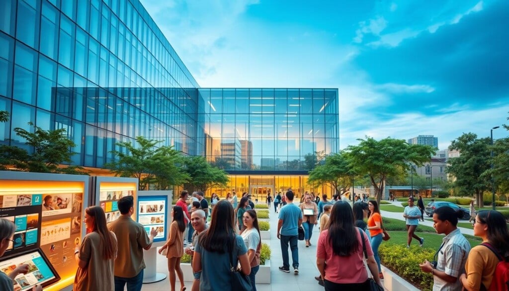A modern, vibrant medical center surrounded by a thriving community. In the foreground, a diverse group of people engaging with touch screens and digital kiosks, accessing a wide array of local health resources and services. In the middle ground, the sleek, glass-paneled facade of the medical facility, reflecting the sky and cityscape. The background features lush greenery, well-maintained walking paths, and a sense of connectivity to the local neighborhood. The lighting is warm and inviting, conveying a welcoming, approachable atmosphere. The overall scene captures the idea of "LocalZ: Bridging the Gap to Local Health Resources" - a centralized hub that seamlessly integrates cutting-edge medical care with the pulse of the community.