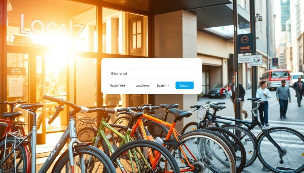 A modern, welcoming bike rental storefront with a vibrant LocalZ logo prominently displayed. The entrance is bathed in warm, natural light streaming through large windows, inviting passersby to step inside. A variety of bicycles, from sleek road bikes to sturdy city cruisers, are neatly arranged in the foreground, their shiny frames and vibrant colors hinting at the adventures that await. In the middle ground, a clean, minimalist interface shows a user-friendly bike rental search, with intuitive controls and a map displaying nearby rental locations. The background features a bustling city street, with pedestrians and other modes of transport, but the focus remains on the seamless, elevated bike rental experience that LocalZ provides.